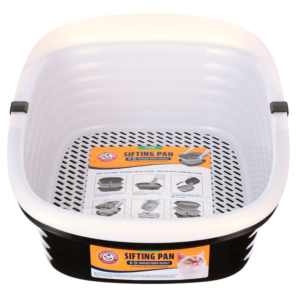 Sifting Cat Litter Box, 2 Open Top Plastic Cat Litter Pans and Cat Litter Tray, Large, Black and White