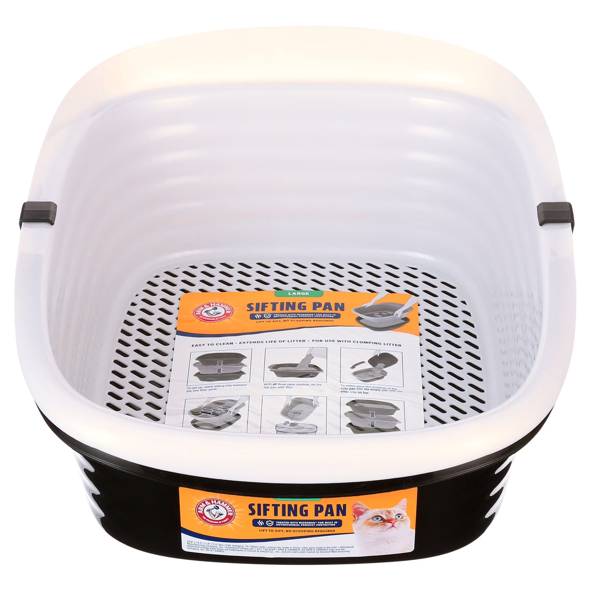 Sifting Cat Litter Box, 2 Open Top Plastic Cat Litter Pans and Cat Litter Tray, Large, Black and White