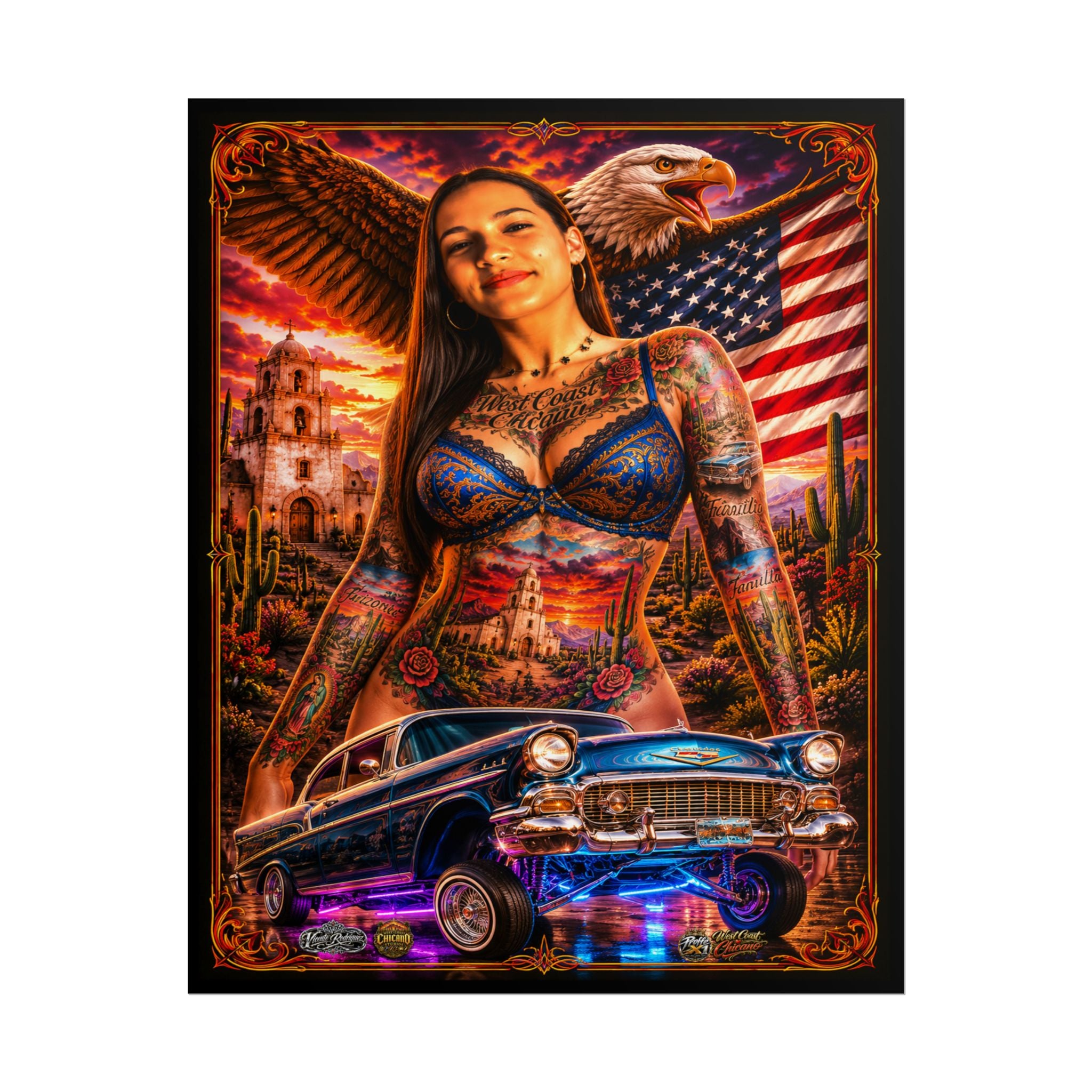 Lowrider Pinup Poster — Chicano Tattoo Art with American Flag