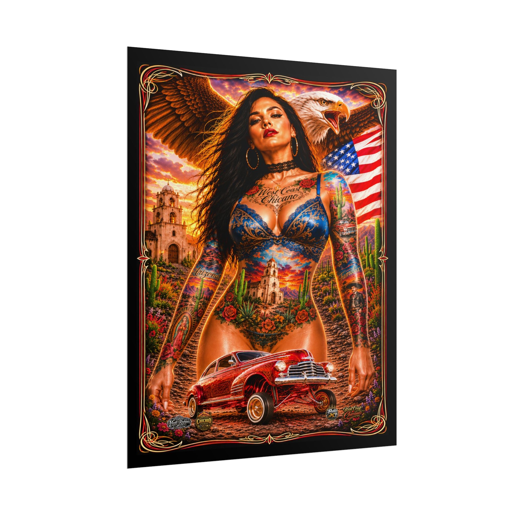 Chicana Lowrider Art Poster — Patriotic Eagle & Classic Car Rolled Print