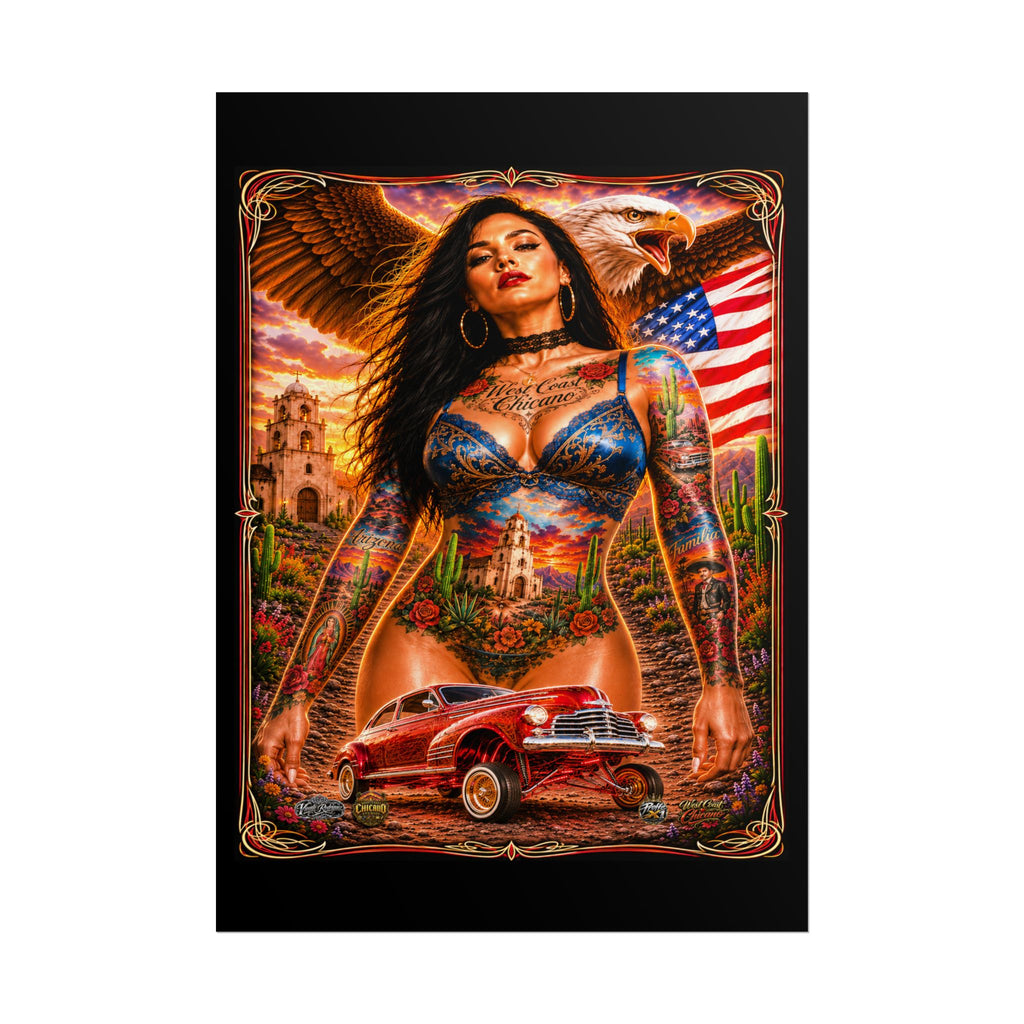 Chicana Lowrider Art Poster — Patriotic Eagle & Classic Car Rolled Print