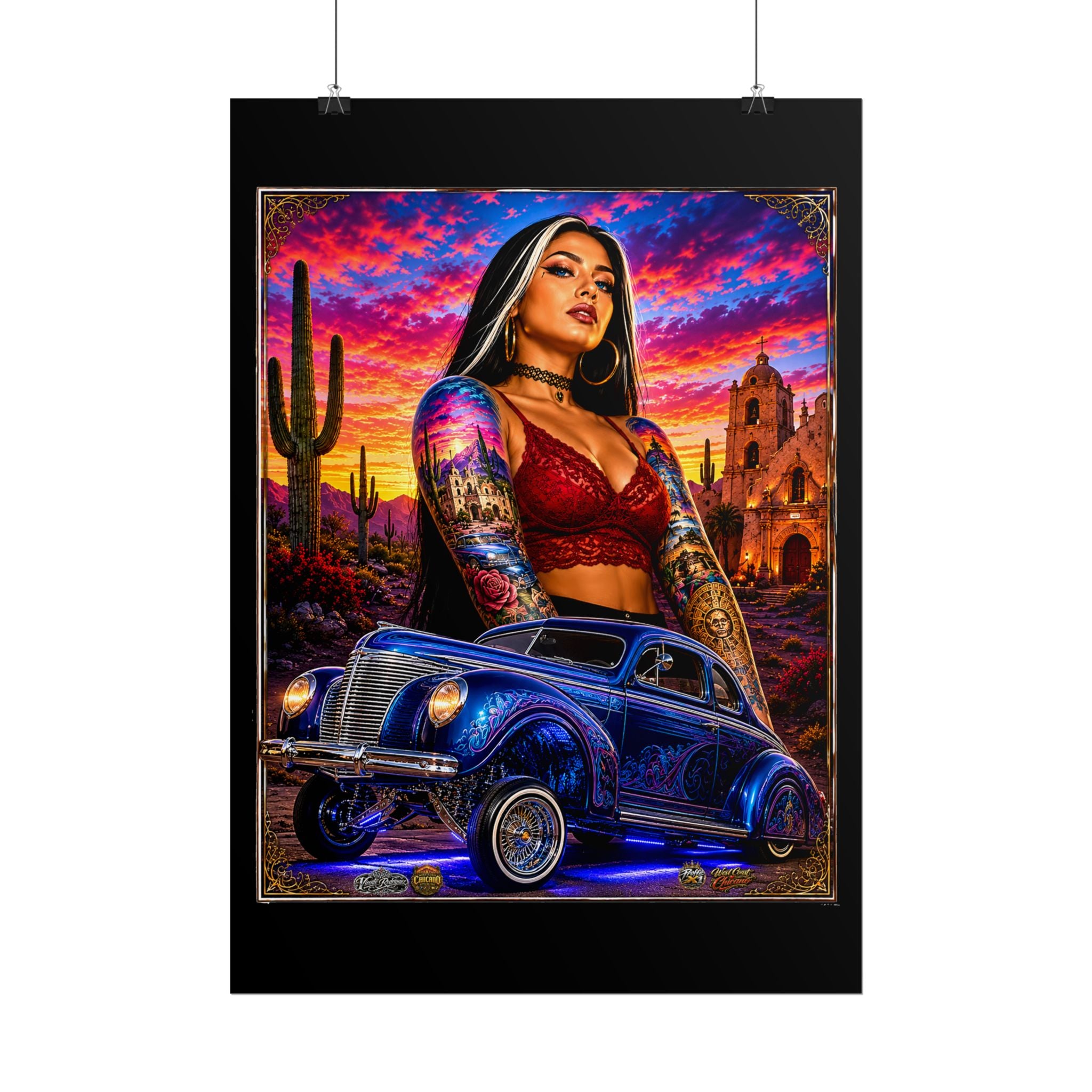 Lowrider Sunset Poster — Chicana Pinup Car Art Rolled Poster