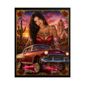 Lowrider Pin-Up Poster — Retro Car & Tattooed Chicana Sunset Art (Rolled Poster)