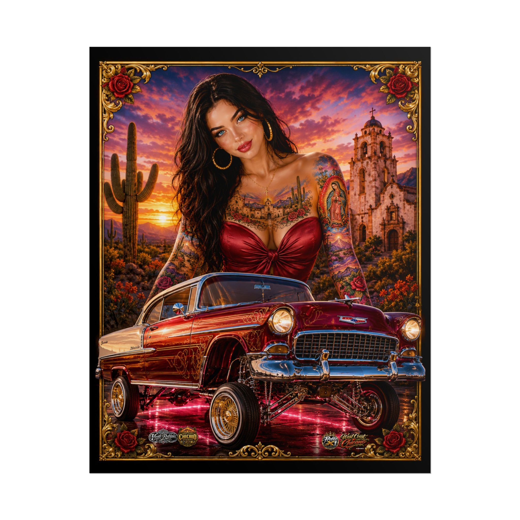 Lowrider Pin-Up Poster — Retro Car & Tattooed Chicana Sunset Art (Rolled Poster)