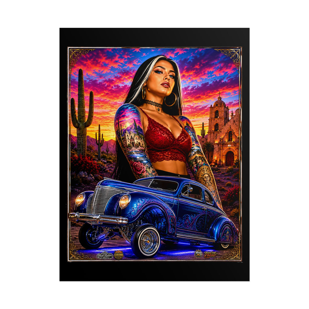 Lowrider Sunset Poster — Chicana Pinup Car Art Rolled Poster