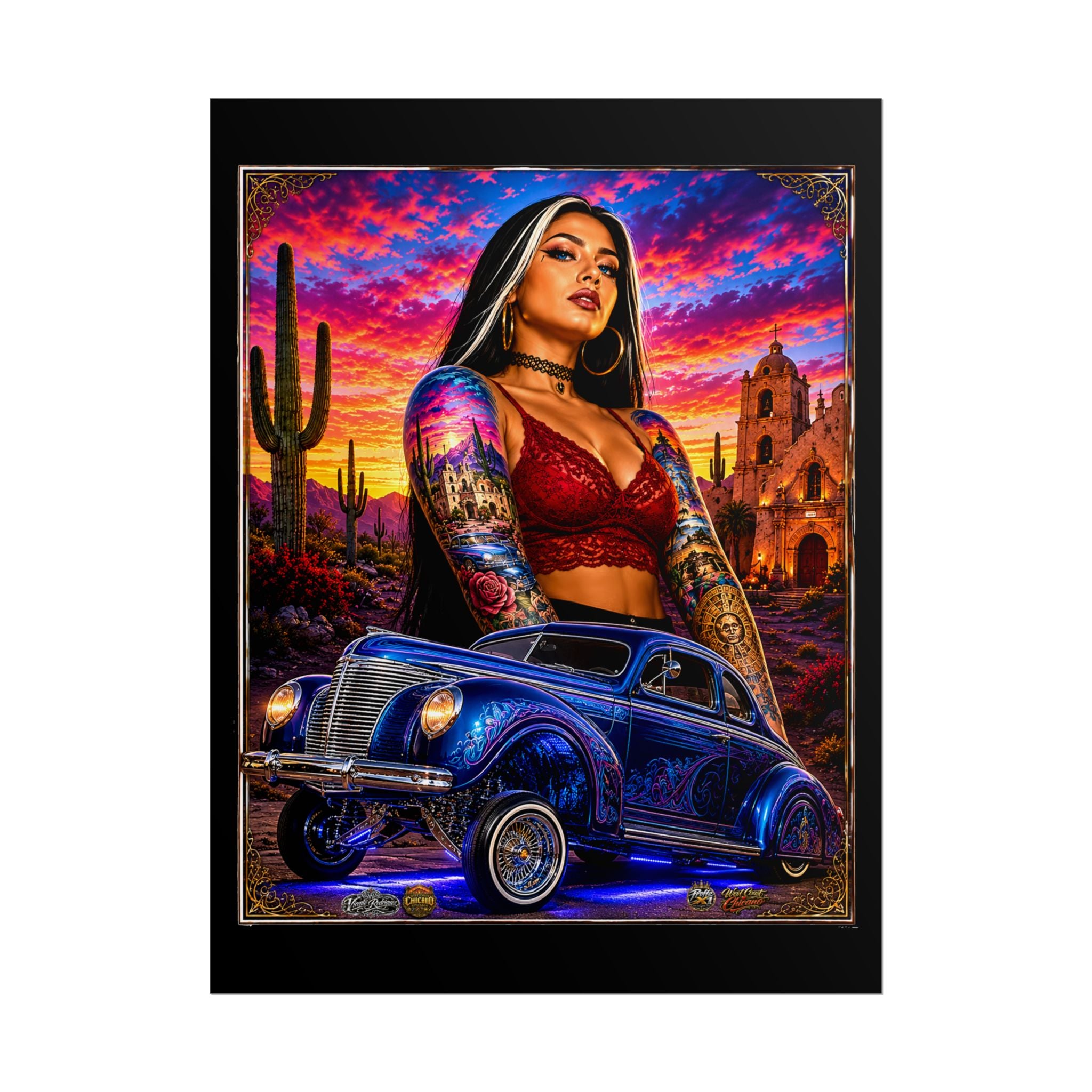 Lowrider Sunset Poster — Chicana Pinup Car Art Rolled Poster