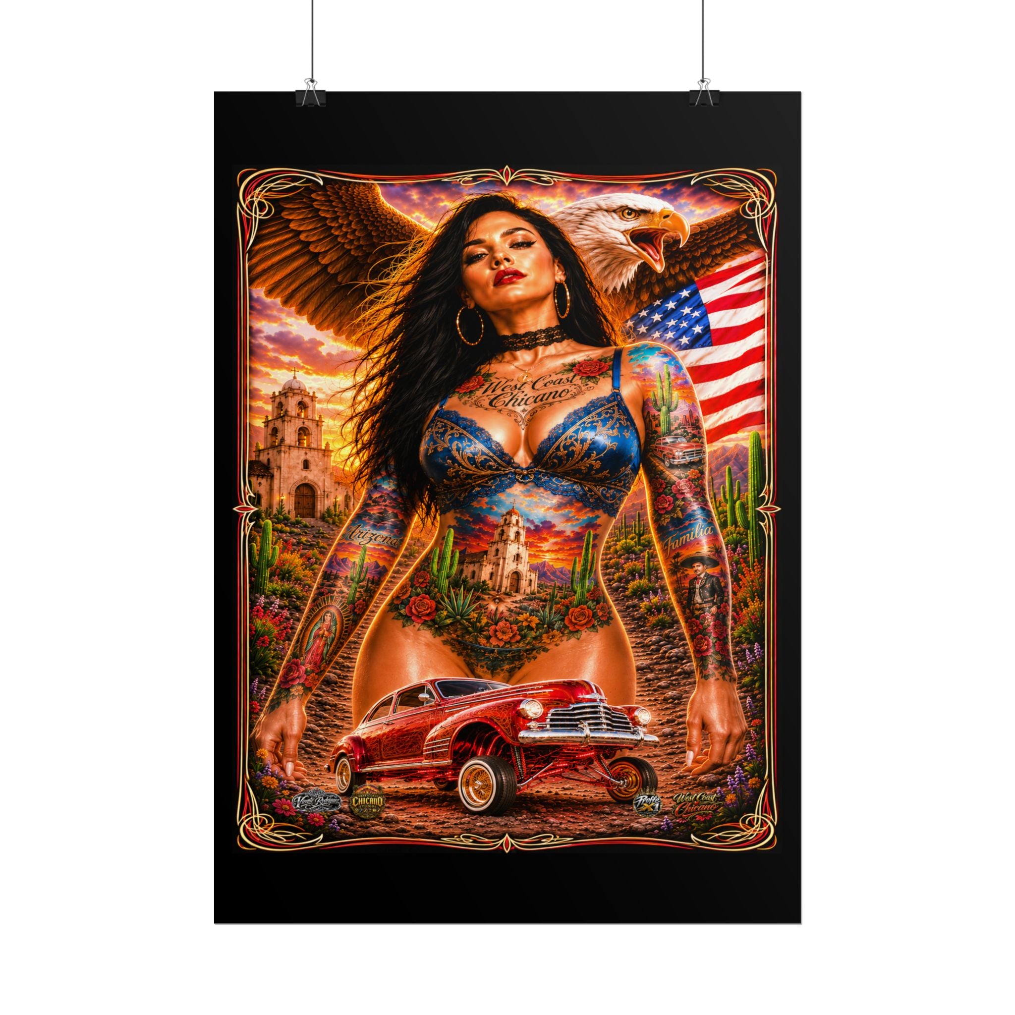Chicana Lowrider Art Poster — Patriotic Eagle & Classic Car Rolled Print