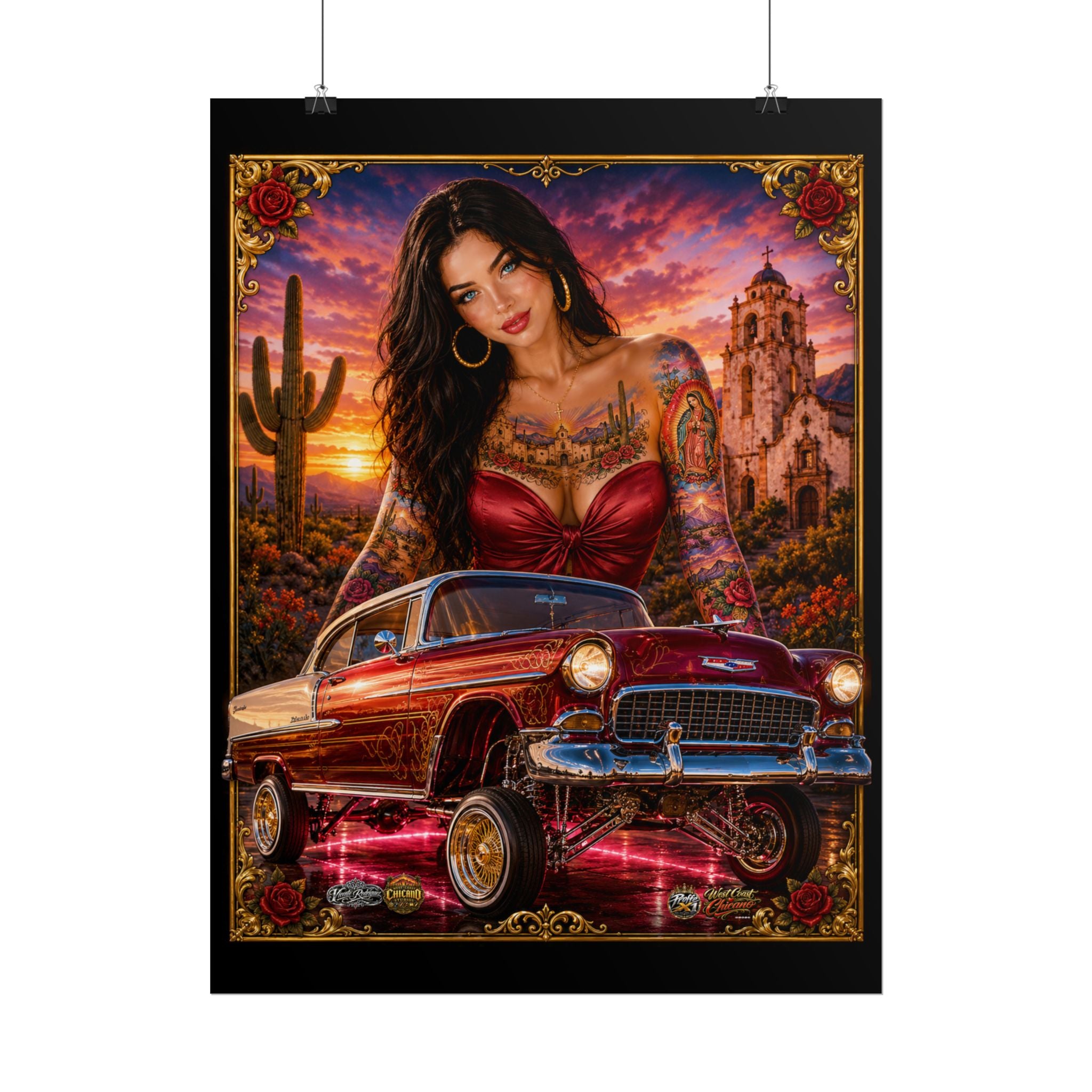 Lowrider Pin-Up Poster — Retro Car & Tattooed Chicana Sunset Art (Rolled Poster)