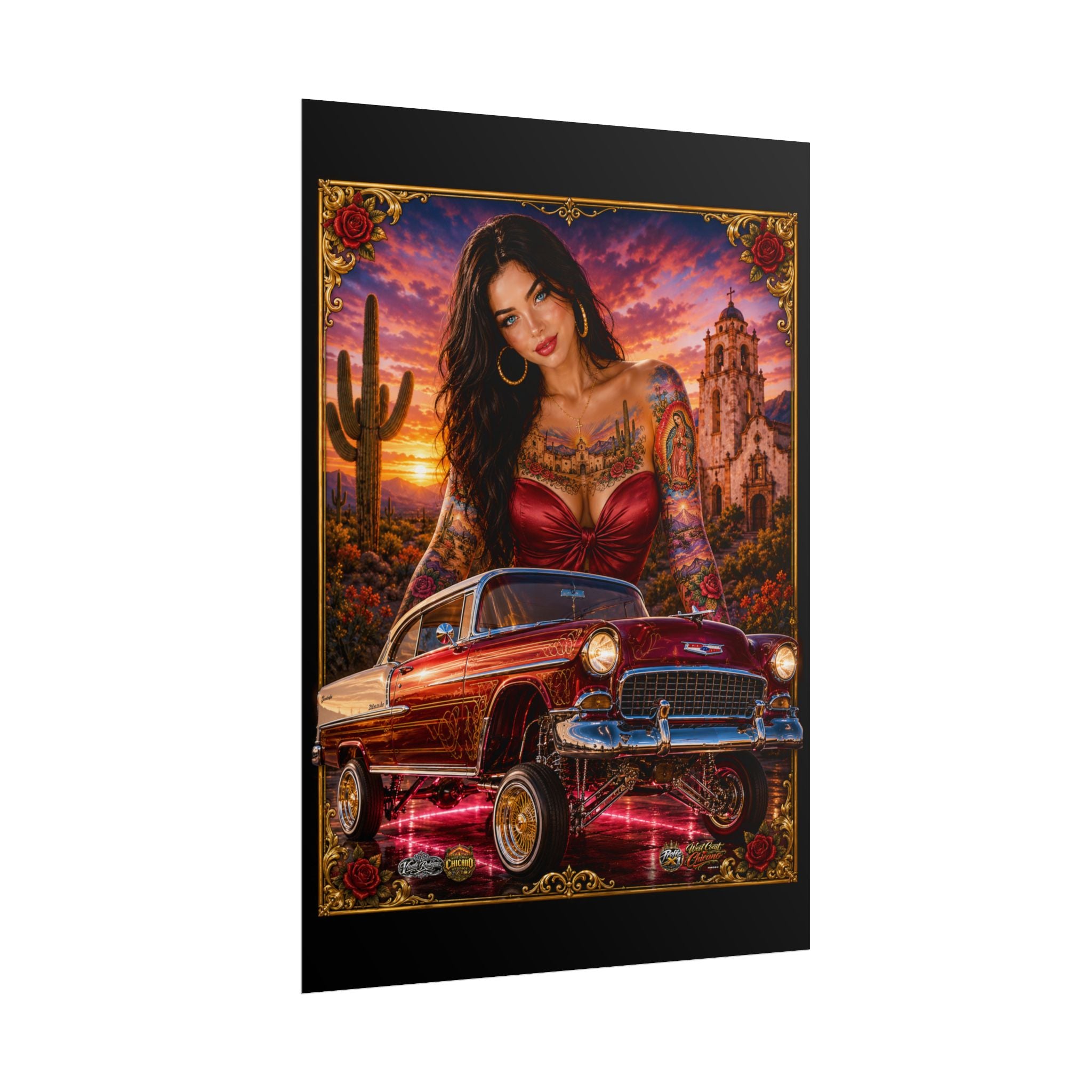 Lowrider Pin-Up Poster — Retro Car & Tattooed Chicana Sunset Art (Rolled Poster)