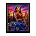 Lowrider Sunset Poster — Chicana Pinup Car Art Rolled Poster