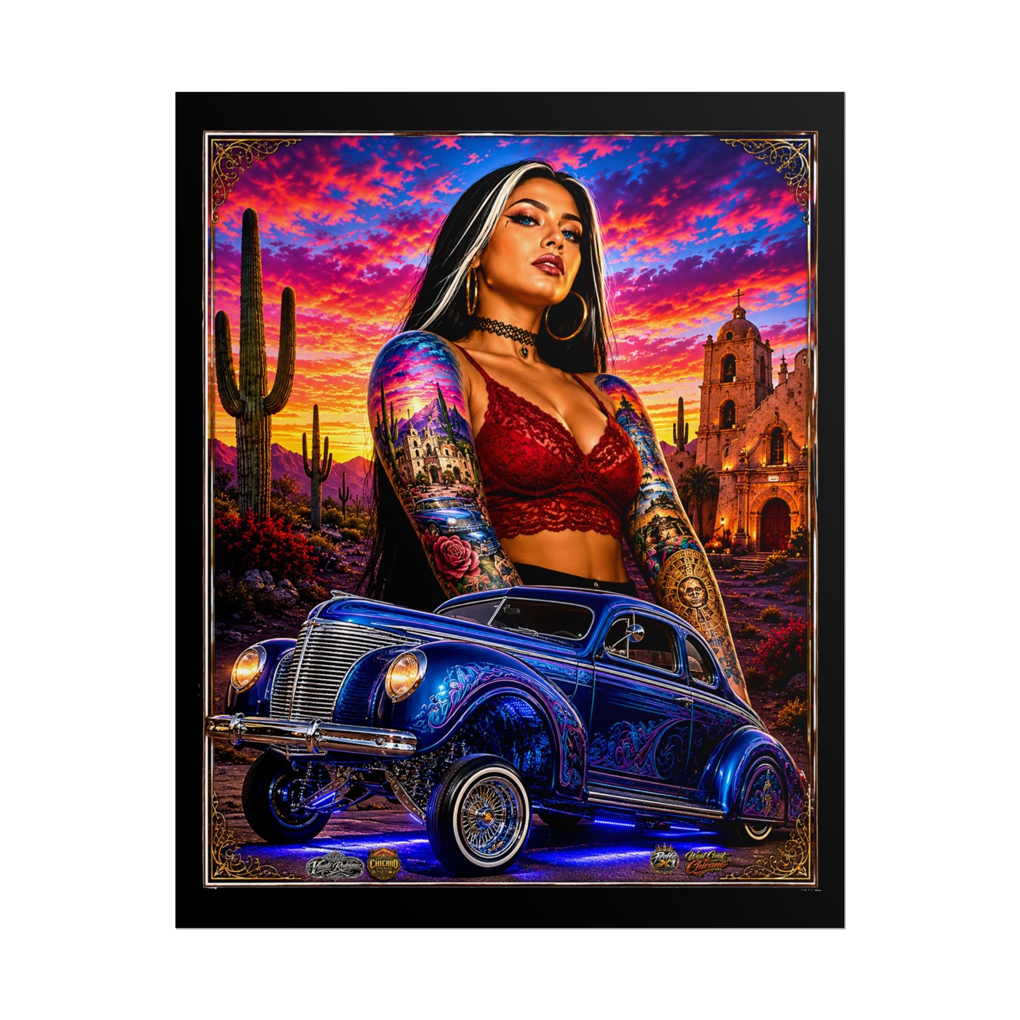 Lowrider Sunset Poster — Chicana Pinup Car Art Rolled Poster