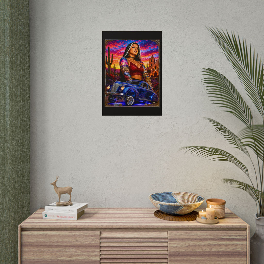 Lowrider Sunset Poster — Chicana Pinup Car Art Rolled Poster