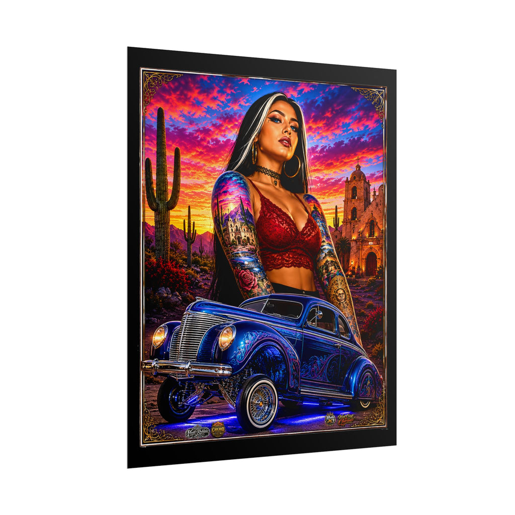Lowrider Sunset Poster — Chicana Pinup Car Art Rolled Poster