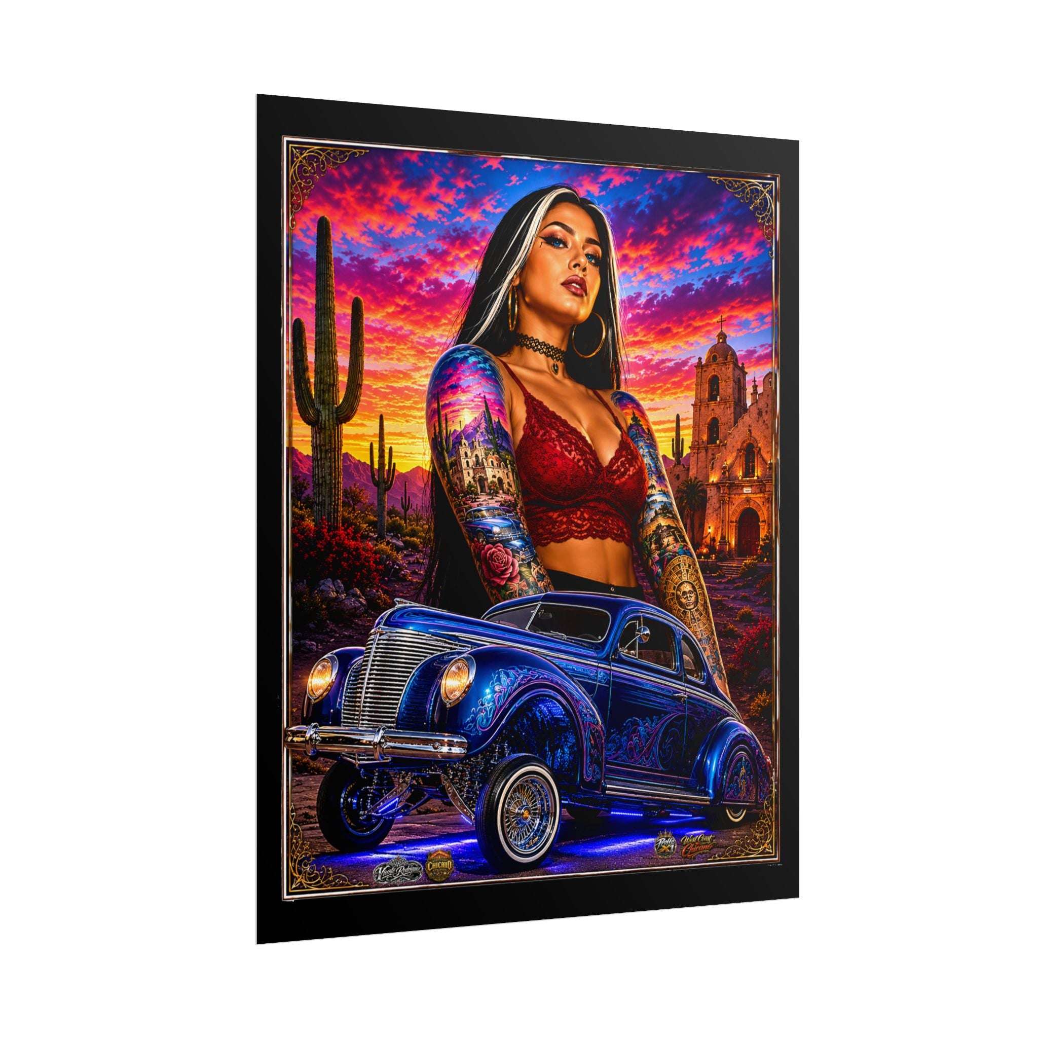 Lowrider Sunset Poster — Chicana Pinup Car Art Rolled Poster