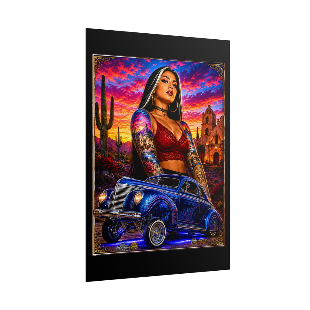 Lowrider Sunset Poster — Chicana Pinup Car Art Rolled Poster