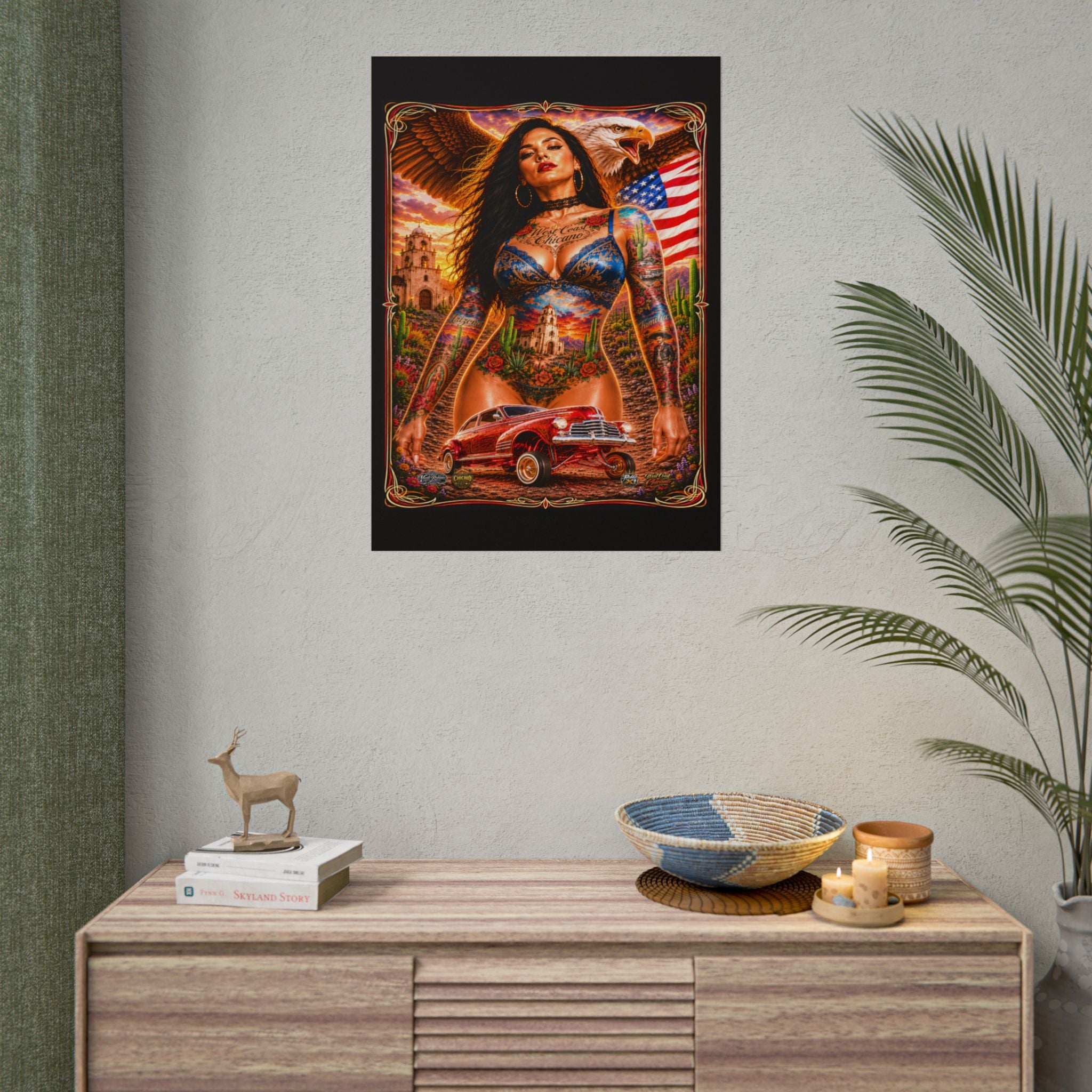 Chicana Lowrider Art Poster — Patriotic Eagle & Classic Car Rolled Print