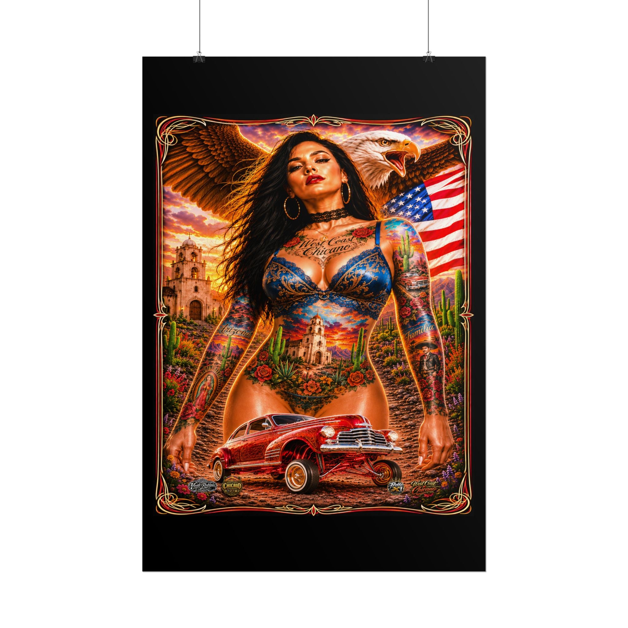 Chicana Lowrider Art Poster — Patriotic Eagle & Classic Car Rolled Print