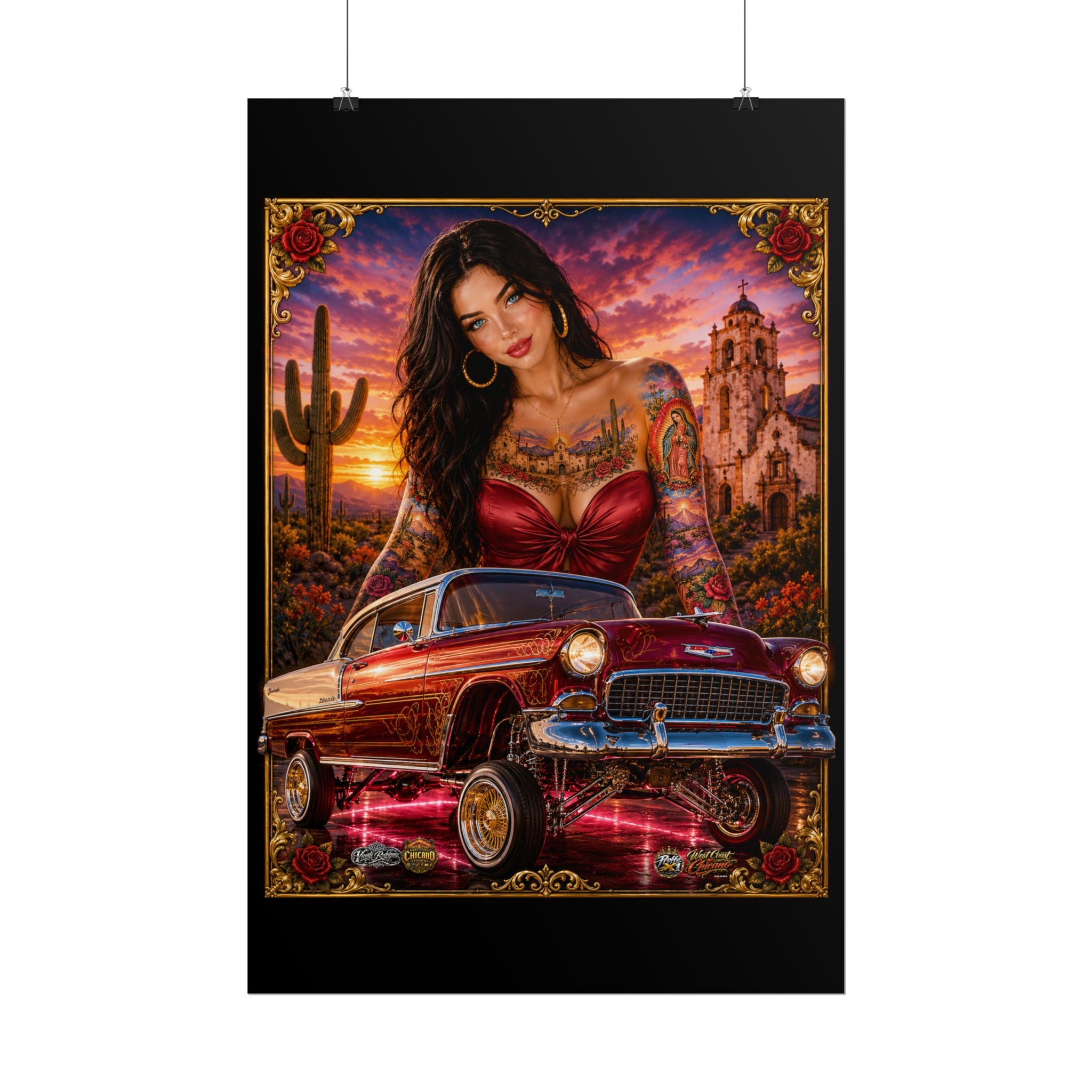 Lowrider Pin-Up Poster — Retro Car & Tattooed Chicana Sunset Art (Rolled Poster)