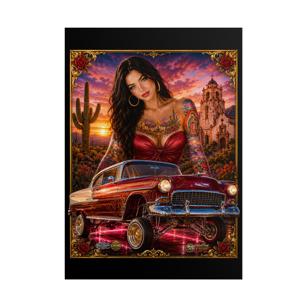 Lowrider Pin-Up Poster — Retro Car & Tattooed Chicana Sunset Art (Rolled Poster)