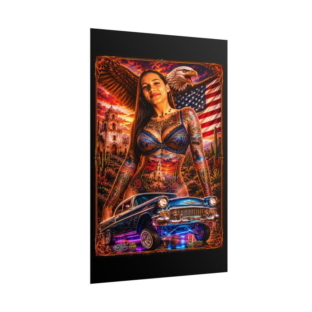 Lowrider Pinup Poster — Chicano Tattoo Art with American Flag