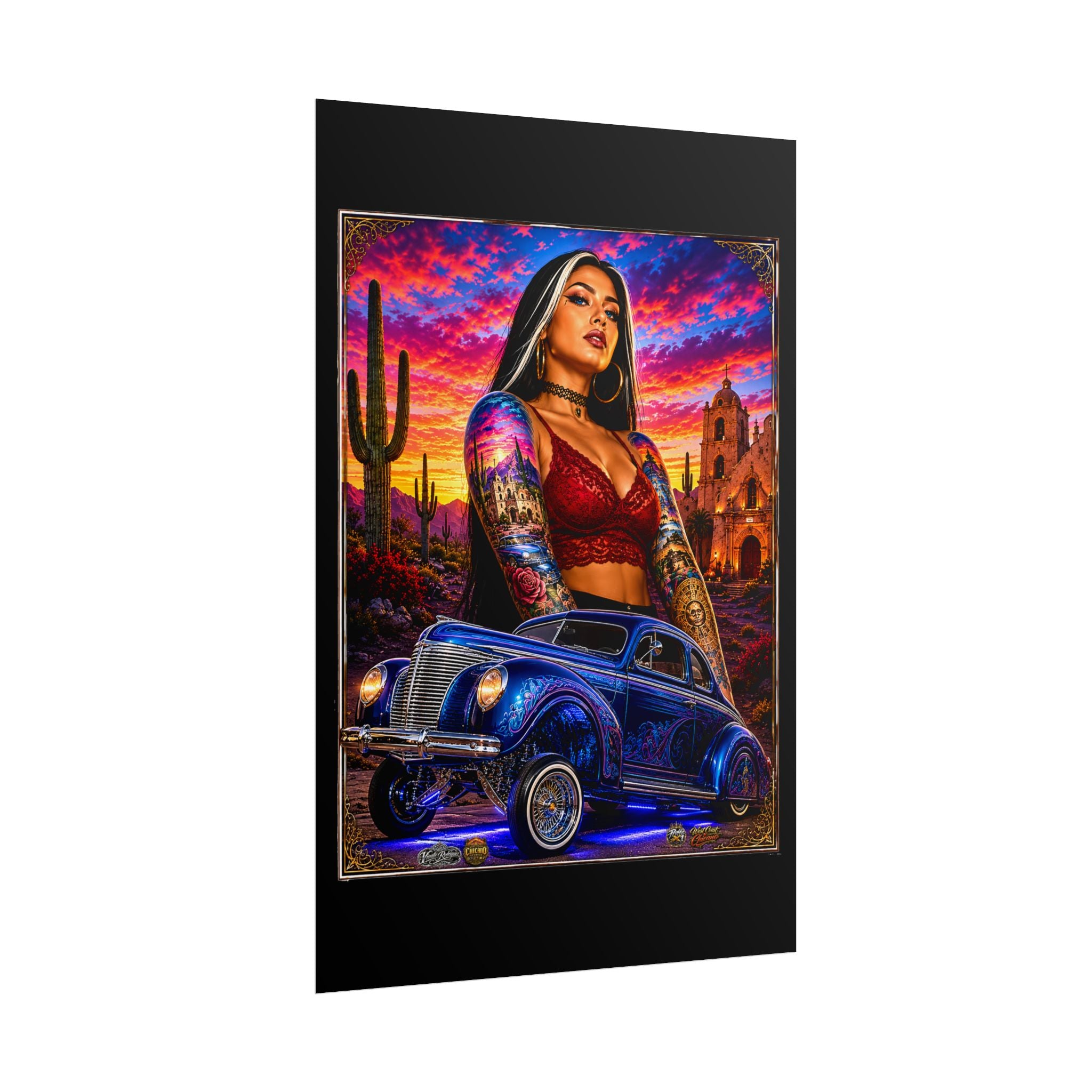 Lowrider Sunset Poster — Chicana Pinup Car Art Rolled Poster
