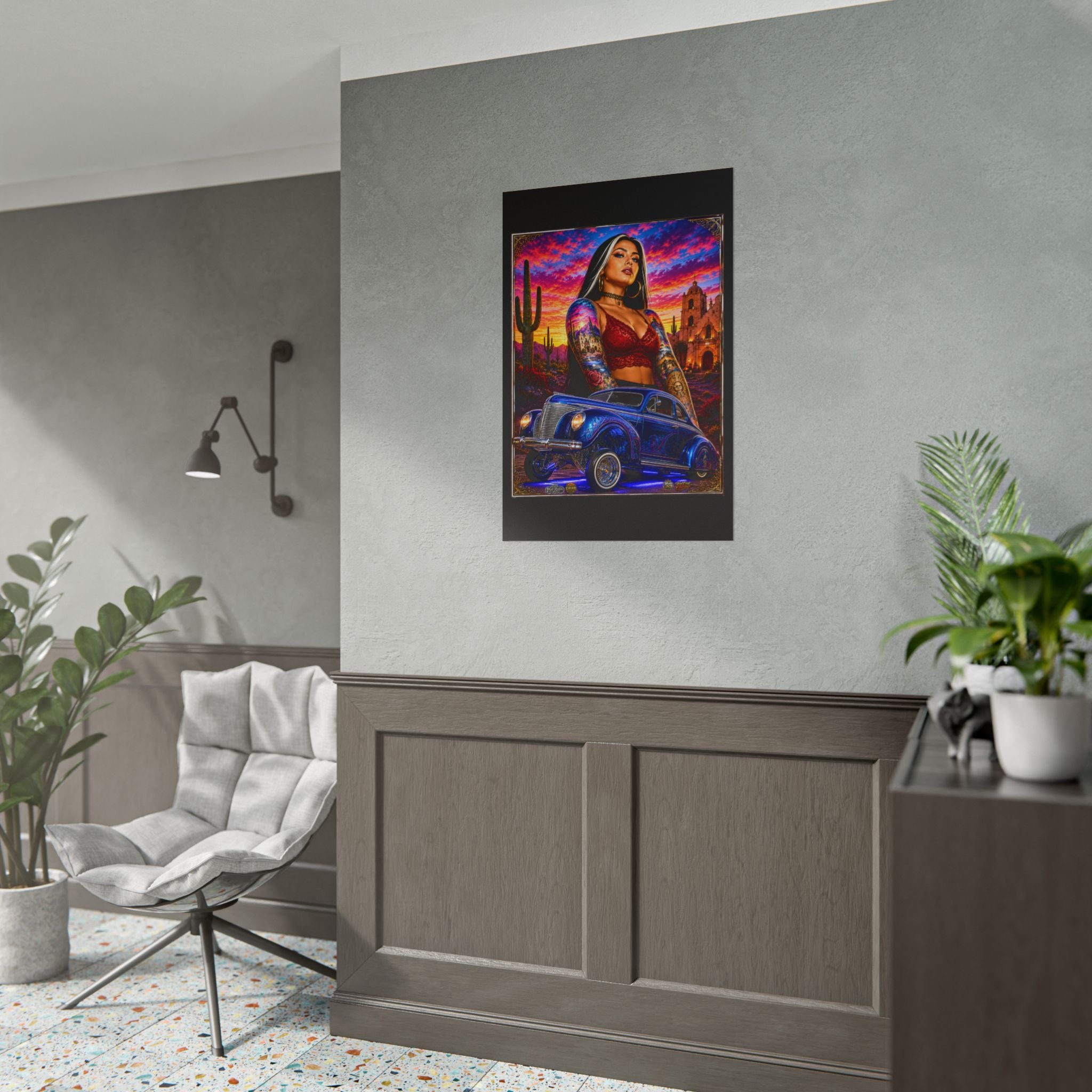 Lowrider Sunset Poster — Chicana Pinup Car Art Rolled Poster