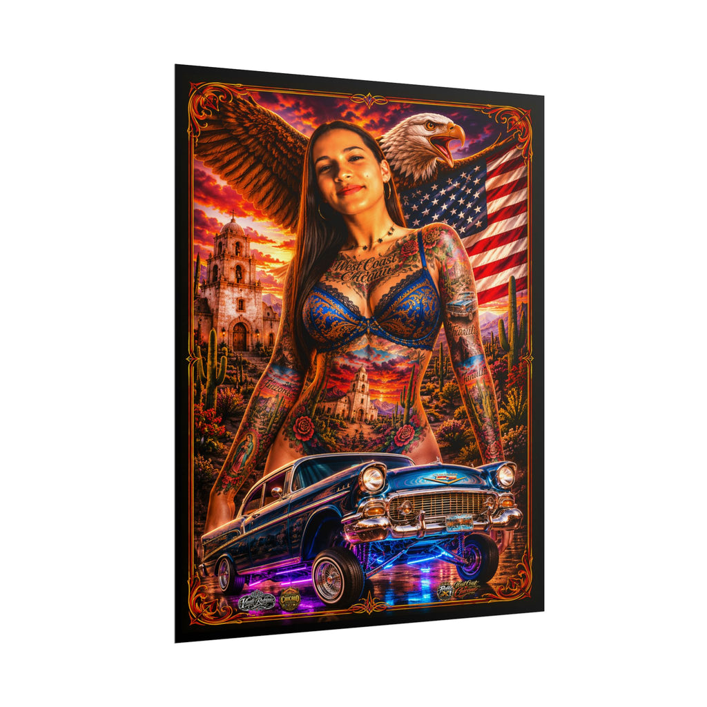 Lowrider Pinup Poster — Chicano Tattoo Art with American Flag