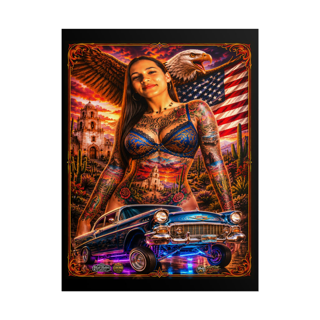Lowrider Pinup Poster — Chicano Tattoo Art with American Flag