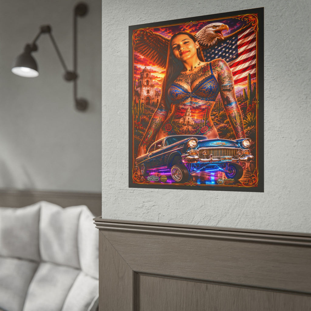 Lowrider Pinup Poster — Chicano Tattoo Art with American Flag