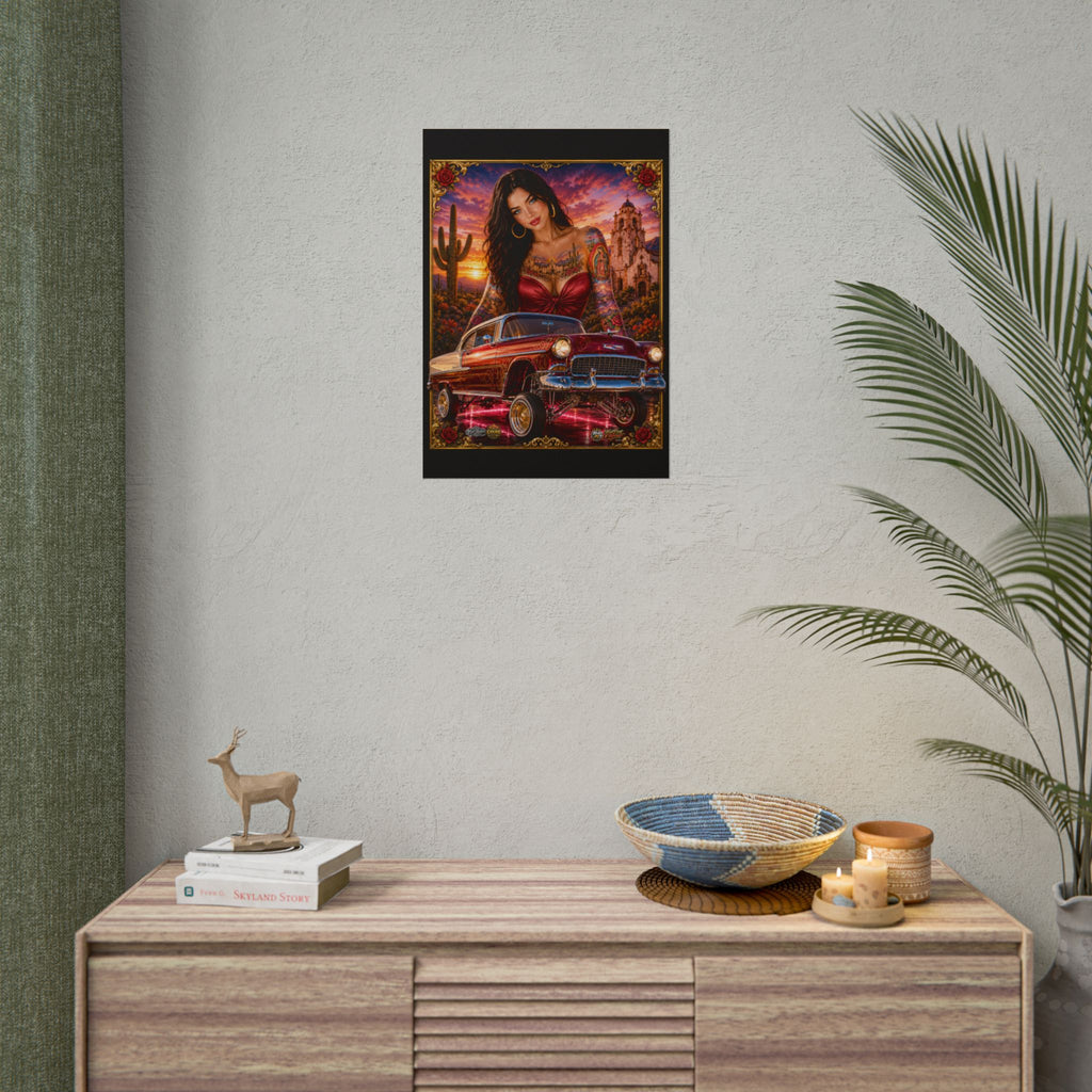 Lowrider Pin-Up Poster — Retro Car & Tattooed Chicana Sunset Art (Rolled Poster)