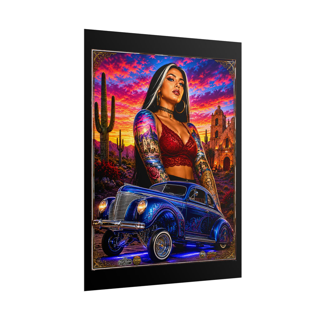 Lowrider Sunset Poster — Chicana Pinup Car Art Rolled Poster
