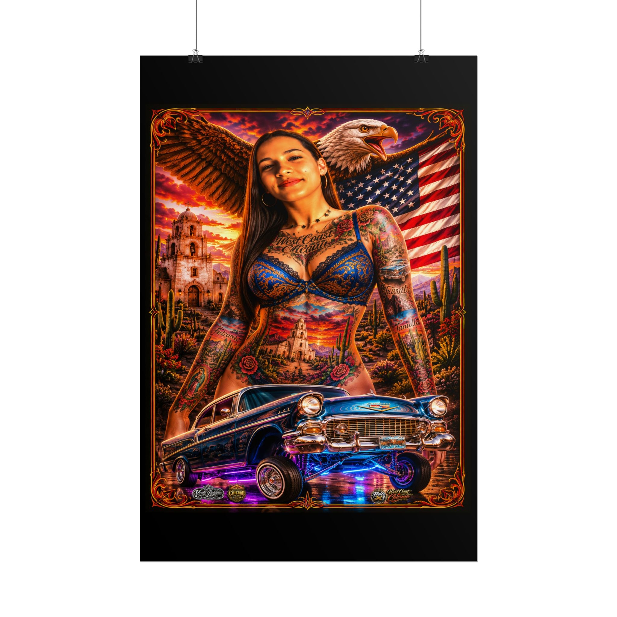 Lowrider Pinup Poster — Chicano Tattoo Art with American Flag