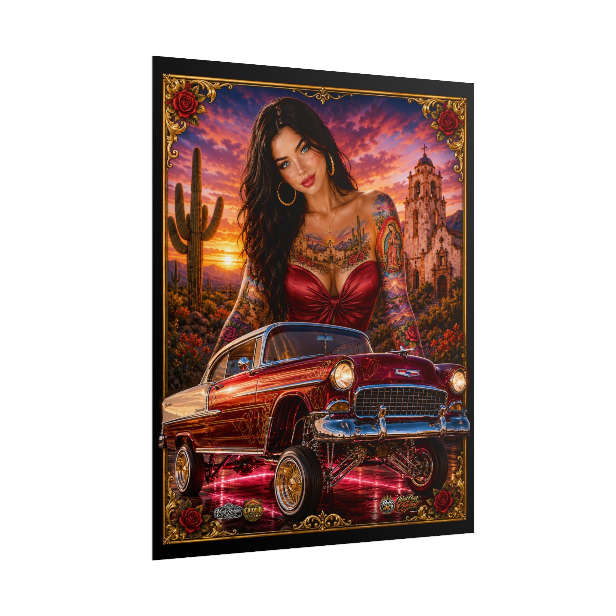 Lowrider Pin-Up Poster — Retro Car & Tattooed Chicana Sunset Art (Rolled Poster)