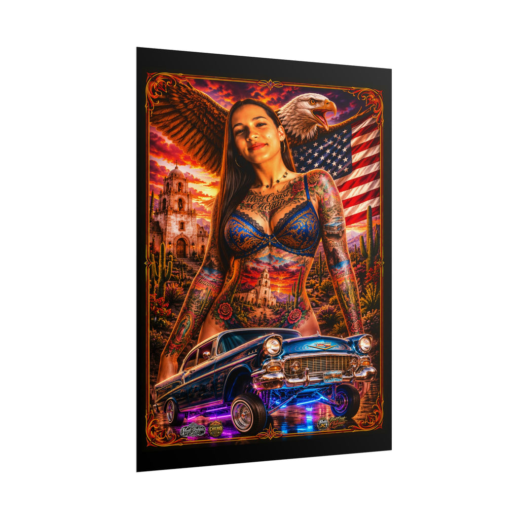 Lowrider Pinup Poster — Chicano Tattoo Art with American Flag