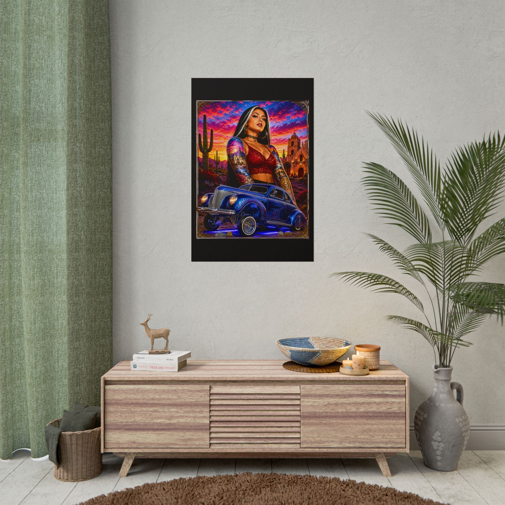 Lowrider Sunset Poster — Chicana Pinup Car Art Rolled Poster