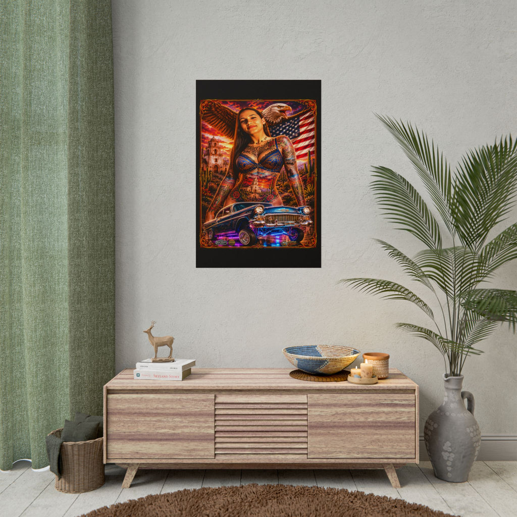 Lowrider Pinup Poster — Chicano Tattoo Art with American Flag