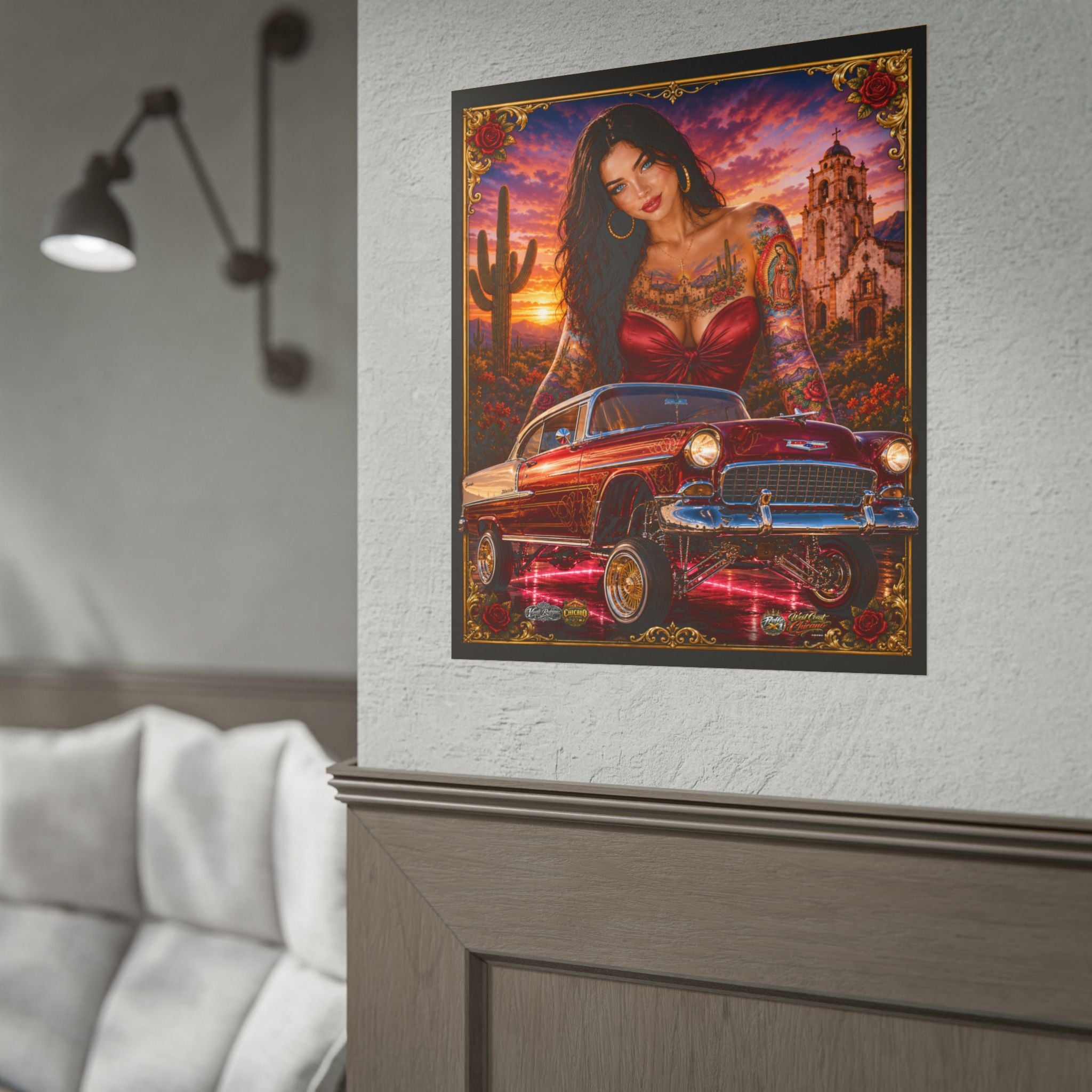 Lowrider Pin-Up Poster — Retro Car & Tattooed Chicana Sunset Art (Rolled Poster)