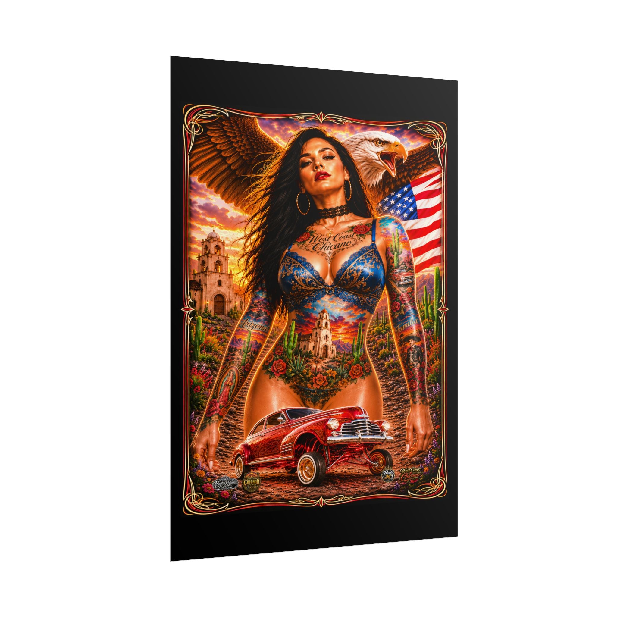 Chicana Lowrider Art Poster — Patriotic Eagle & Classic Car Rolled Print