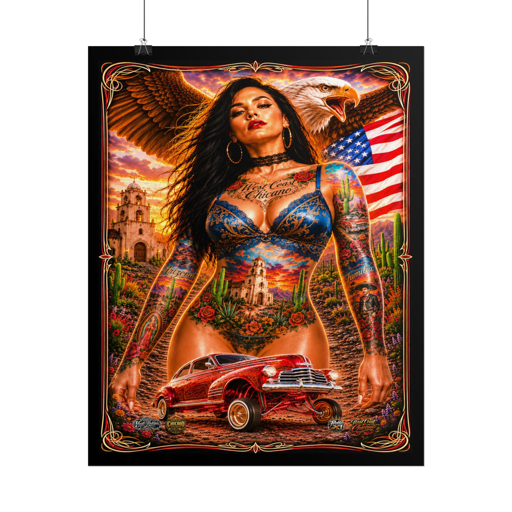 Chicana Lowrider Art Poster — Patriotic Eagle & Classic Car Rolled Print