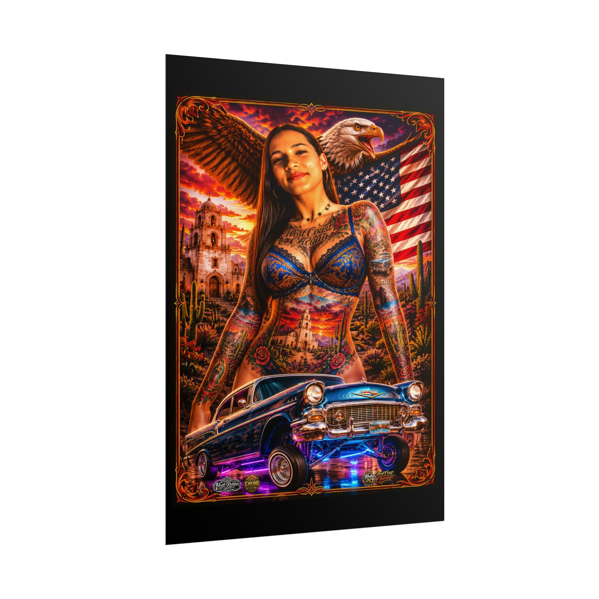 Lowrider Pinup Poster — Chicano Tattoo Art with American Flag
