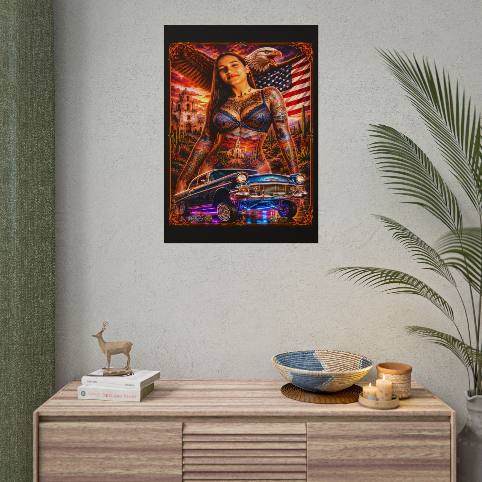 Lowrider Pinup Poster — Chicano Tattoo Art with American Flag