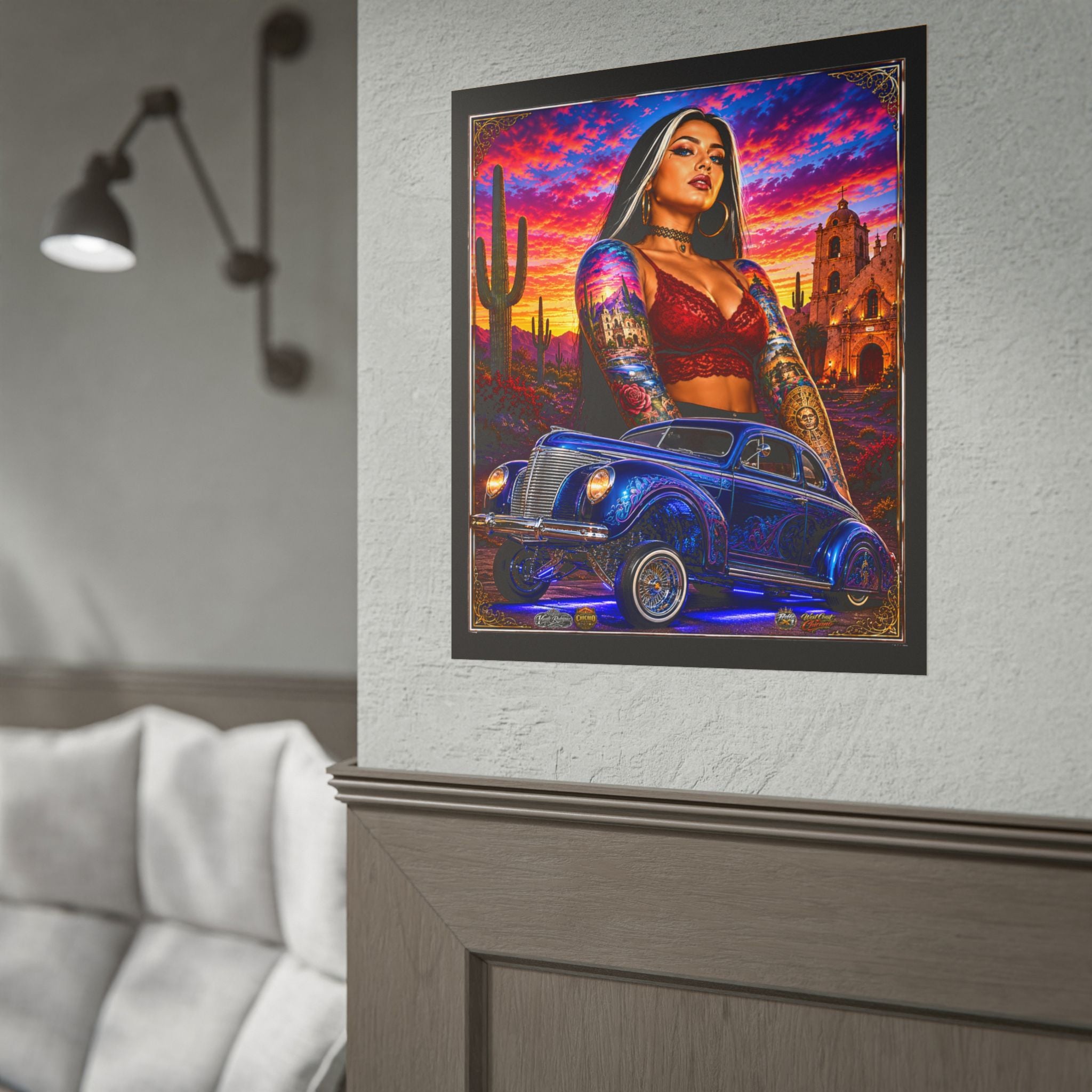Lowrider Sunset Poster — Chicana Pinup Car Art Rolled Poster