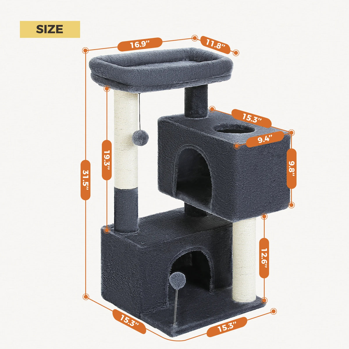31.5" Modern Cat Tree Tower with Dual Large Condos for Kitten ＆ Medium Size Cat Dark Gray