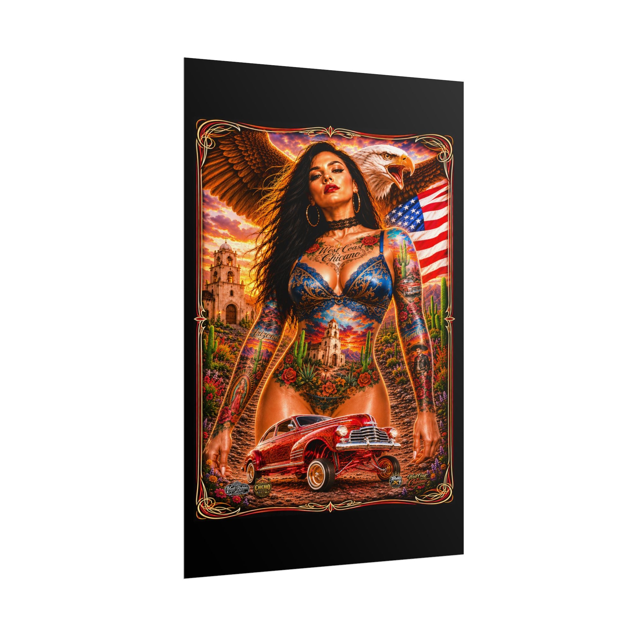 Chicana Lowrider Art Poster — Patriotic Eagle & Classic Car Rolled Print