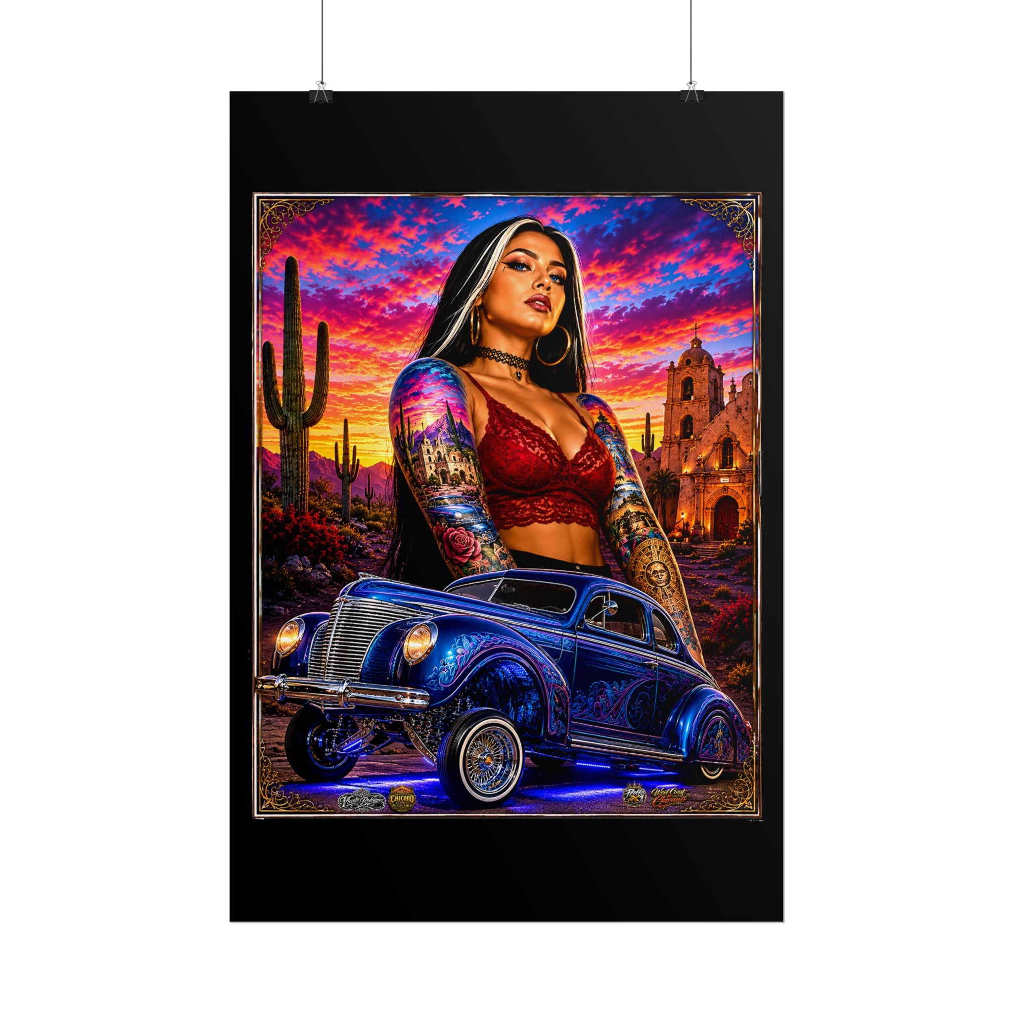 Lowrider Sunset Poster — Chicana Pinup Car Art Rolled Poster