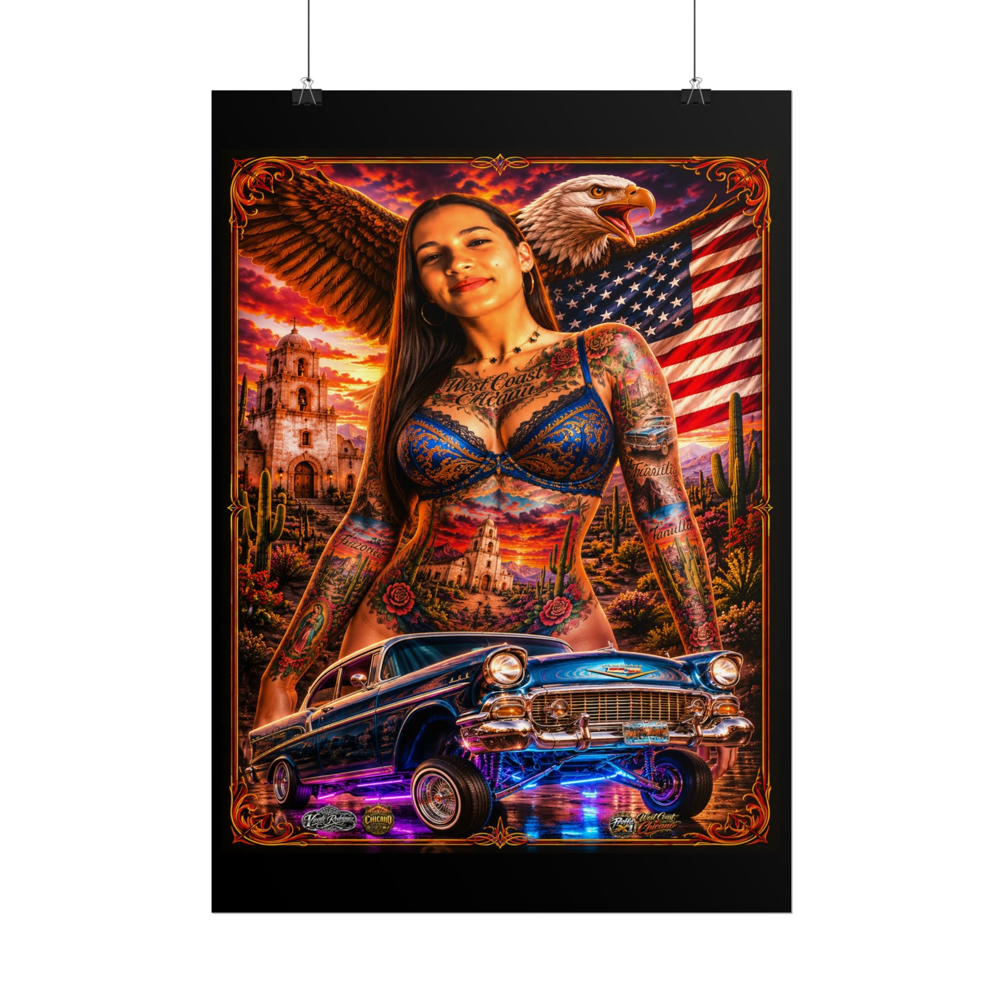 Lowrider Pinup Poster — Chicano Tattoo Art with American Flag