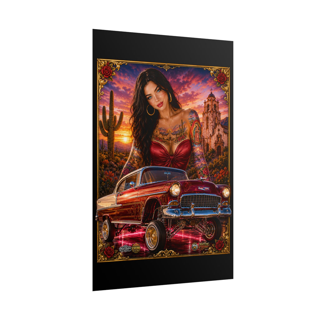 Lowrider Pin-Up Poster — Retro Car & Tattooed Chicana Sunset Art (Rolled Poster)