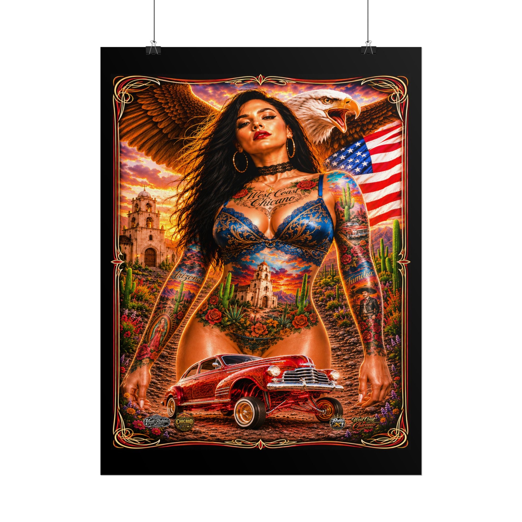 Chicana Lowrider Art Poster — Patriotic Eagle & Classic Car Rolled Print