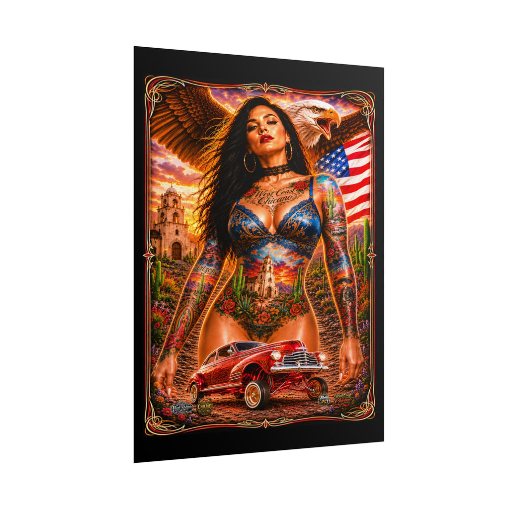 Chicana Lowrider Art Poster — Patriotic Eagle & Classic Car Rolled Print