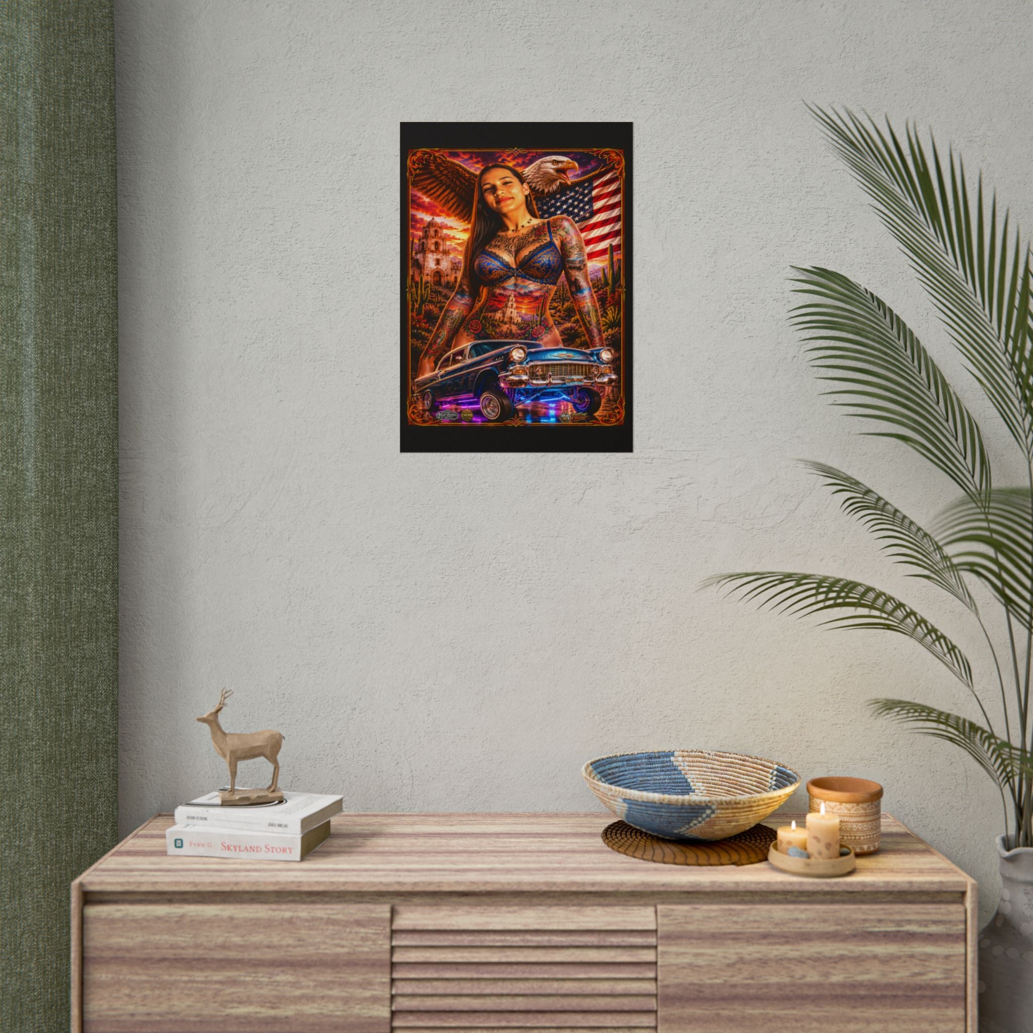 Lowrider Pinup Poster — Chicano Tattoo Art with American Flag